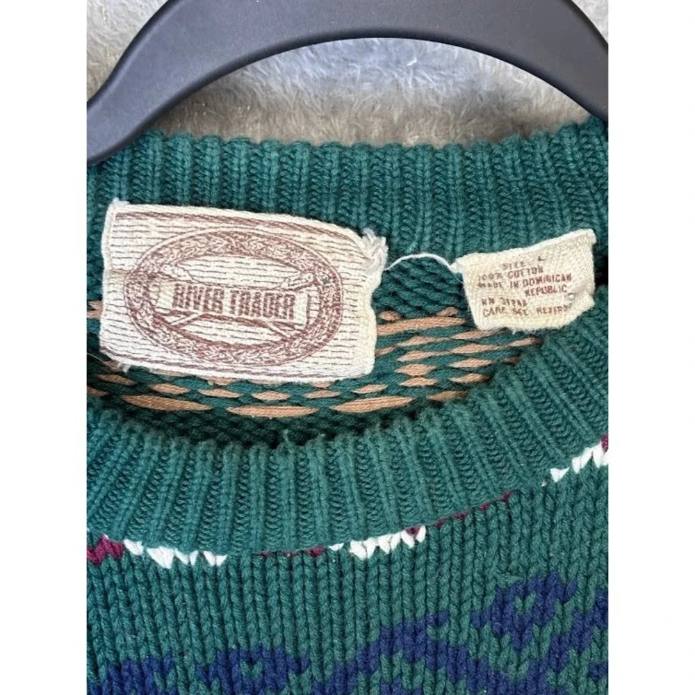 River Trader Green Geometric Pattern Cotton Sweater Mens Size‎ L Vintage Retro
